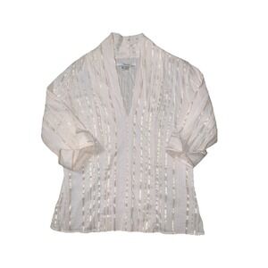 ZARA Basic Ivory Blouse Sz M Boho 3/4 Sleeve V-Neck Shimmer Stripes Casual Zip